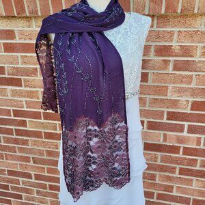 Chico's Wrap Scarf Elegant Beading and Lace Purple and Black